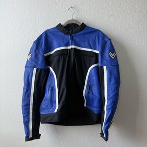 Men's Blue and Black Leather Motorcycle Jacket UK 44